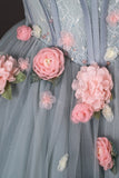 A-Line Gray Tulle Flowers Long Prom Dress, Beautiful Short Sleeve Evening Party Dress with Corset HZ0429