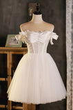 A-Line Tulle Short Prom Dress, Cute Champagne Off the Shoulder Party Dresses HZ0429