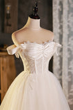 A-Line Tulle Short Prom Dress, Cute Champagne Off the Shoulder Party Dresses HZ0429