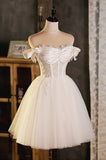 A-Line Tulle Short Prom Dress, Cute Champagne Off the Shoulder Party Dresses HZ0429