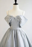 Gray Satin Long A-Line Prom Dress, Off the Shoulder Evening Dress with Pearls HZ0429