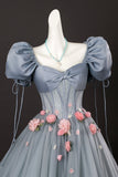 A-Line Gray Tulle Flowers Long Prom Dress, Beautiful Short Sleeve Evening Party Dress with Corset HZ0429