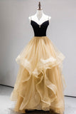 Black Straps V-Neck Layers Tulle Long Party Dresses, Glam Prom Dresses HZ0429