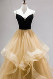 Black Straps V-Neck Layers Tulle Long Party Dresses, Glam Prom Dresses HZ0429