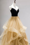 Black Straps V-Neck Layers Tulle Long Party Dresses, Glam Prom Dresses HZ0429
