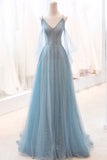 Blue Spaghetti Strap Tulle Long Prom Dress, V-Neck Evening Party Dress HZ0429