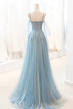 Blue Spaghetti Strap Tulle Long Prom Dress, V-Neck Evening Party Dress HZ0429