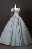 A-Line Gray Tulle Flowers Long Prom Dress, Beautiful Short Sleeve Evening Party Dress with Corset HZ0429