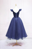 Navy Blue Velvet Tulle Tea Length Prom Dress with Ruffled Straps HZ0429