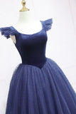 Navy Blue Velvet Tulle Tea Length Prom Dress with Ruffled Straps HZ0429