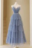 Blue Tulle Layers Straps Beaded Long Prom Dress, Blue A-Line Evening Dress HZ0429