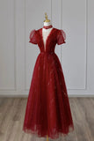 Burgundy Tulle Sequins Tea Length Prom Dress, A-Line Evening Dress HZ0429