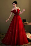 Burgundy Tulle Beaded Long Prom Dress, A-Line Off the Shoulder Evening Dress HZ0429