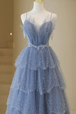 Blue Tulle Layers Straps Beaded Long Prom Dress, Blue A-Line Evening Dress HZ0429
