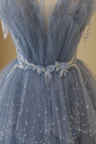 Blue Tulle Layers Straps Beaded Long Prom Dress, Blue A-Line Evening Dress HZ0429