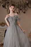 Gray Tulle Long Prom Dress, A-Line Off the Shoulder Evening Dress HZ0429