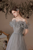 Gray Tulle Long Prom Dress, A-Line Off the Shoulder Evening Dress HZ0429