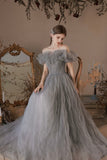 Gray Tulle Long Prom Dress, A-Line Off the Shoulder Evening Dress HZ0429