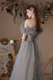 Gray Tulle Long Prom Dress, A-Line Off the Shoulder Evening Dress HZ0429