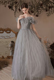 Gray Tulle Long Prom Dress, A-Line Off the Shoulder Evening Dress HZ0429