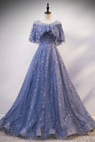 Blue Tulle Sequins Long Prom Dress, A-Line Blue Evening Dress HZ0429