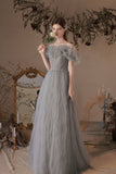 Gray Tulle Long Prom Dress, A-Line Off the Shoulder Evening Dress HZ0429