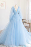 Blue V-Neck Tulle Long Prom Dress, Long Sleeve A-Line Evening Party Dress HZ0429