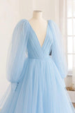 Blue V-Neck Tulle Long Prom Dress, Long Sleeve A-Line Evening Party Dress HZ0429