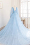 Blue V-Neck Tulle Long Prom Dress, Long Sleeve A-Line Evening Party Dress HZ0429