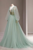 Green V-Neck Tulle Long Prom Dress, Long Sleeve Evening Dress HZ0429
