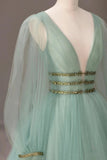 Green V-Neck Tulle Long Prom Dress, Long Sleeve Evening Dress HZ0429