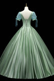 Green Satin Long A-Line Ball Gown, Green Short Sleeve Evening Gown HZ0429