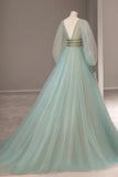 Green V-Neck Tulle Long Prom Dress, Long Sleeve Evening Dress HZ0429