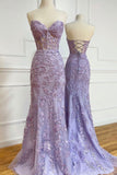 Purple Lace Long Prom Dresses, Mermaid Strapless Evening Dresses HZ0429