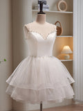 White Spaghetti Strap Tulle Short Prom Dress, Cute A-Line Party Dress HZ0429