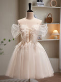 Champagne Tulle Sequins Short Prom Dress, Cute A-Line Homecoming Dress HZ0429