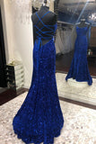 Mermaid Sequins Long Prom Dresses, Blue Backless Evening Dresses HZ0429