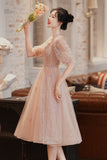 Cute Tulle A-Line Homecoming Dress, 1/2 Sleeves Short Prom Dress HZ0429
