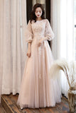 Pink Tulle Lace Long A-Line Prom Dresses, Long Sleeve Evening Dresses HZ0429