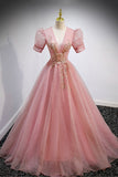 Pink V-Neck Tulle Long Prom Dresses, A-Line Short Sleeve Evening Dresses HZ0429
