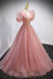 Pink V-Neck Tulle Long Prom Dresses, A-Line Short Sleeve Evening Dresses HZ0429