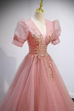 Pink V-Neck Tulle Long Prom Dresses, A-Line Short Sleeve Evening Dresses HZ0429