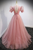 Pink V-Neck Tulle Long Prom Dresses, A-Line Short Sleeve Evening Dresses HZ0429