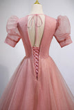 Pink V-Neck Tulle Long Prom Dresses, A-Line Short Sleeve Evening Dresses HZ0429