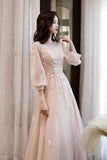 Pink Tulle Lace Long A-Line Prom Dresses, Long Sleeve Evening Dresses HZ0429