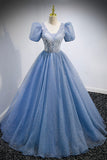 Blue V-Neck Tulle Beading Long Prom Dresses, Blue Short Sleeve Evening Dresses HZ0429