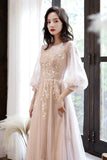 Pink Tulle Lace Long A-Line Prom Dresses, Long Sleeve Evening Dresses HZ0429