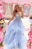 Blue V-Neck Tulle Lace Long Prom Dresses, A-Line Evening Dresses HZ0429