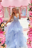 Blue V-Neck Tulle Lace Long Prom Dresses, A-Line Evening Dresses HZ0429