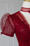 Burgundy Tulle Sequins Tea Length Prom Dress, A-Line Evening Dress HZ0429